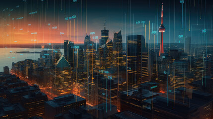 Financial graphs and digital indicators overlap with Double exposure of night skyscrapers Canada city office buildings background. Banking, financial and trading concept.
