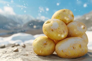 a pile of potatoes in the snow