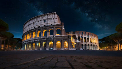 Colosseum under a starry spellbound sky Photo real for Legal reviewing theme ,Full depth of field, clean bright tone, high quality ,include copy space, No noise, creative idea - obrazy, fototapety, plakaty