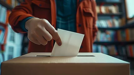 Foto op Plexiglas A hand puts a piece of paper into a cardboard ballot box. Concept: Close-up of the election process. political voters © john