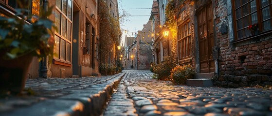 Historic European town, cobblestone streets, charming architecture, afternoon, cultural journey , close up - obrazy, fototapety, plakaty