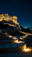 Fairy lights adorning the Acropolis at night Photo real for Legal reviewing theme ,Full depth of field, clean bright tone, high quality ,include copy space, No noise, creative idea