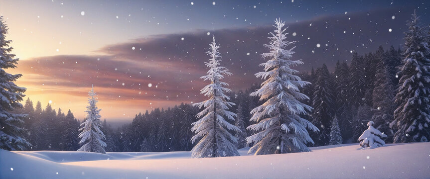 christmas festive background Snowfall Tranquil Christmas scene with falling snow and fir trees colourful background