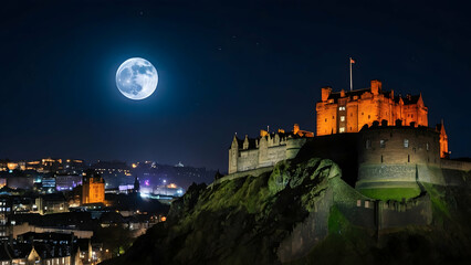 Haunted moon over Edinburgh Castle Photo real for Legal reviewing theme ,Full depth of field, clean bright tone, high quality ,include copy space, No noise, creative idea