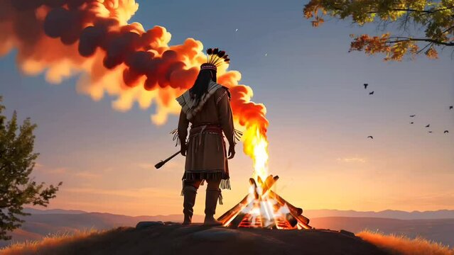 Indigenous American Indian man atop hill with bonfire. Seamless looping time-lapse 4k video animation background