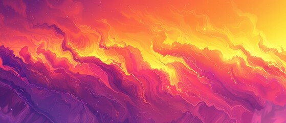  An abstract painting of orange, pink, and purple waves on a yellow, pink, orange, and purple background is optimized - obrazy, fototapety, plakaty
