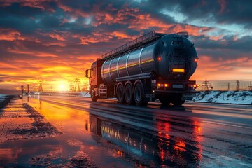 Rear view of big metal fuel tanker truck in motion shipping fuel to oil refinery against sunset sky, Generative AI