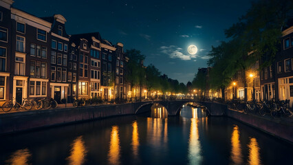 Moonlight Sonata over the canals of Amsterdam Photo real for Legal reviewing theme ,Full depth of field, clean bright tone, high quality ,include copy space, No noise, creative idea - obrazy, fototapety, plakaty