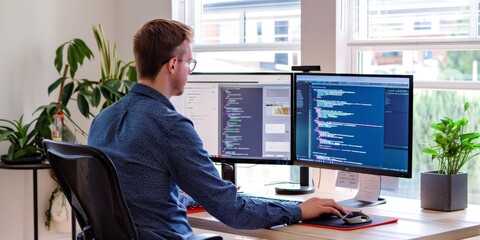 Male tester coding on desktop computer with two monitors set up in creative office, Generative AI