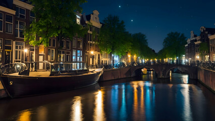 Moonlight Sonata over the canals of Amsterdam Photo real for Legal reviewing theme ,Full depth of field, clean bright tone, high quality ,include copy space, No noise, creative idea