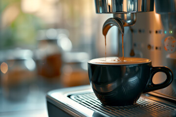 closeup of a coffee machine pouring espresso into a black cup in a cafe - obrazy, fototapety, plakaty