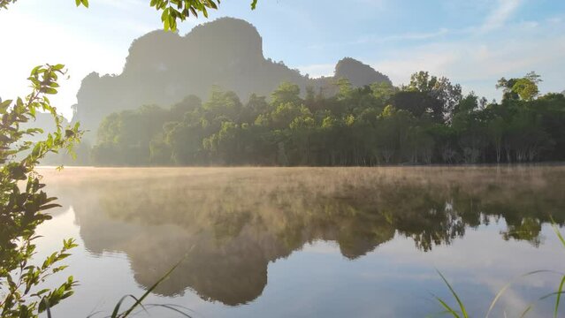 Drone Nature View of Nong Thale Lake in Krabi Thailand -beautiful limestone mountain with reflection on the lake Morning Sunrise view. Unseen In Krabi Footage Travel and Peaceful  