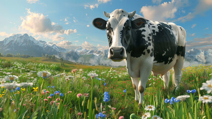 Alpine Pastures: Curious Cow Enjoying the Summer in a Mountainous Landscape