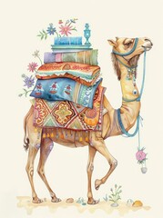 A camel with a stack of books on its back walking across a desert landscape - obrazy, fototapety, plakaty