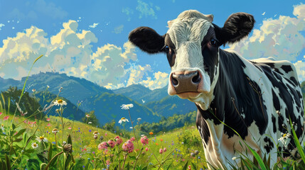 Alpine Pastures: Curious Cow Enjoying the Summer in a Mountainous Landscape - obrazy, fototapety, plakaty