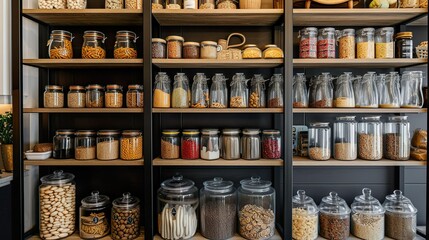 A fully stocked organised pantry store room, food in a jar on a rack.