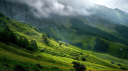 Green mountain cloudy landscape with green terraced hay fields on the slopes.