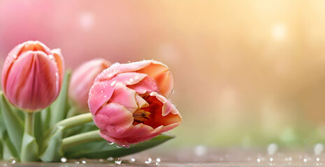 Pink tulips in pastel coral tints at blurry background, closeup Fresh spring flowers in the garden with soft sunlight ai generative