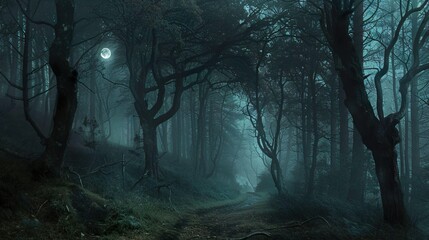 Dark night view Eerie woods Haunted Forests  background.