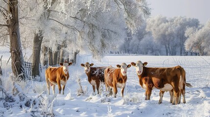 cows, cattle in the snow with frost-covered trees in the winter.