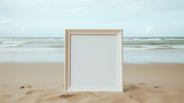 Empty photo frame on a beach background with sand. A mockup of the coastline seascape. Natural Business template for vacations and beach holidays. AI generated outdoor landscape for tourism