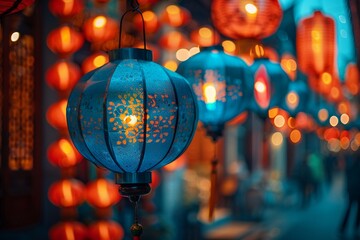 Lantern festival in historic Asian city, vibrant colors, evening, cultural wonder , photographic style