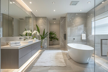 sleek grey marble bathroom with LED lighting, double vanity, and freestanding tub