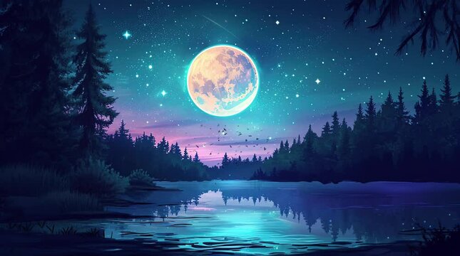 Fantasy lake nestled amidst pine forest under the full moon night
 Seamless looping 4k time-lapse virtual video animation background. Generated AI