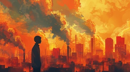 Illustration of an individual in a PM 2.5 smog-affected environment advocating for cleaner air initiatives.
