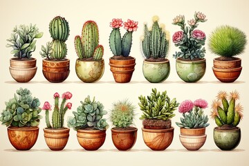 Watercolor set of various cacti and succulents in clay pots