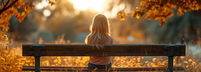 Looking off into the distance, a girl is seated on a park bench.
