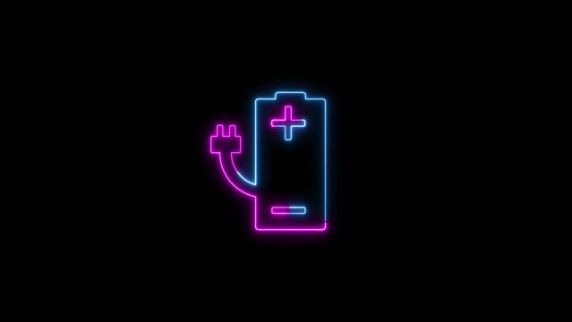 Battery with charging icon concept. Glowing cyan and pink color neon light battery icon animated. Lightning blinking bolt symbol with charging concept on black background.