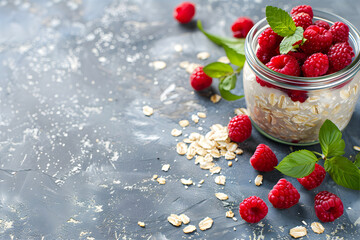 Homemade overnight oats for breakfast with raspberries on gray background. Lazy oat porridge in a...