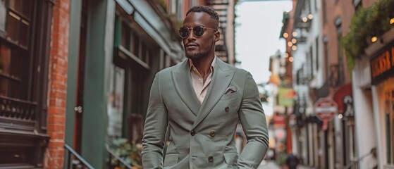Standing on a small sidewalk, hands tucked into his pockets, is a man wearing a chic grey-green suit and sunglasses.