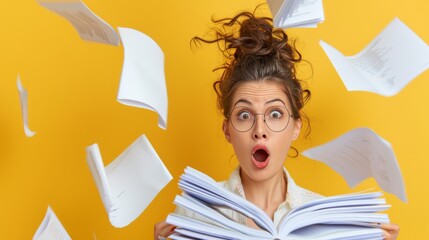 Surprised woman with big stack of paper documents, workload overtime concept. Background with copyspace for your text - obrazy, fototapety, plakaty