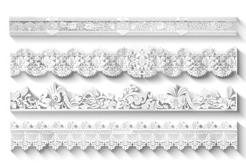 Set of white lace borders with shadow, ornamental paper lines.