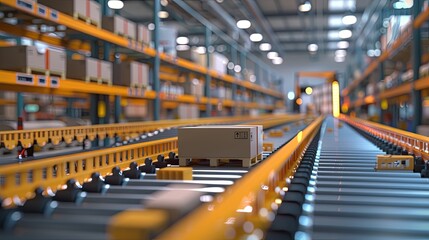 A single cardboard box on a conveyor belt in a distribution warehouse, depicting streamlined...
