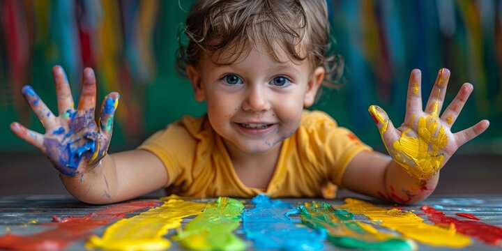 Cute child happily engages in learning and creative activities at home.