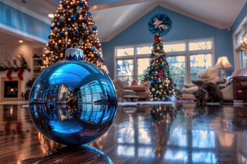 Shiny blue Christmas ornament reflects a brightly lit Christmas Tree and holiday decorated living room. - obrazy, fototapety, plakaty