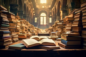Education learning concept with opening book or textbook in old library, stack piles of literature text academic archive on reading desk and school study class room background - generative ai