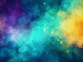 Turquoise and yellow watercolour splatter background, purple yellow