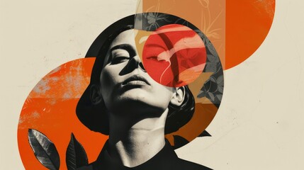 Woman with Abstract Orange Design and Botanical Elements