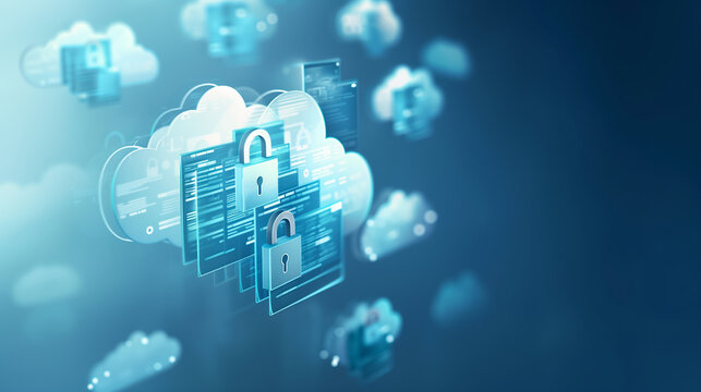 Multiple clouds with locks and data panels depicting network security.