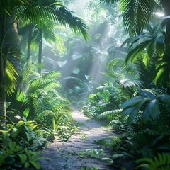 Tropical rainforest path, lush greenery, sunlight filtering through, morning, nature walk , octane render
