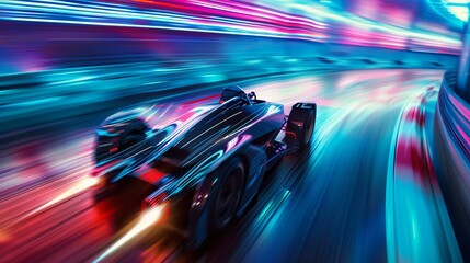 Obraz premium Futuristic racer in highspeed vehicle, neonlit track, blur of motion, adrenalinefueled competition no grunge