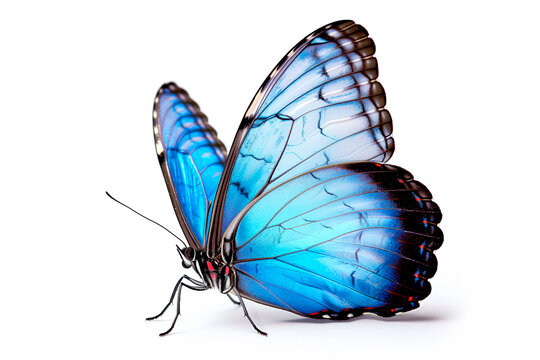 Beautiful Blue Morpho butterfly isolated on a white background. Side view