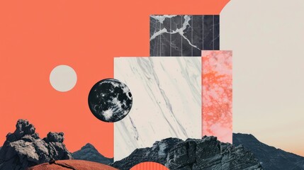 Geometric Landscape Collage with Abstract Shapes and Marble Texture