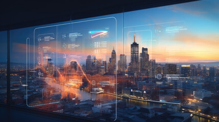 Financial graphs and digital indicators overlap with Double exposure of night skyscrapers Melbourne city office buildings background. Banking, financial and trading concept.