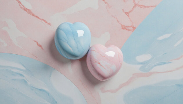 Light blue and pink marble object in the shape of a heart colourful background