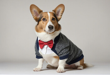 animal pet dog concept Anthromophic friendly Cardigan Welsh corgi dog wearing suite formal business suit pretending to work in coporate workplace studio shot on plain color wall colourful background